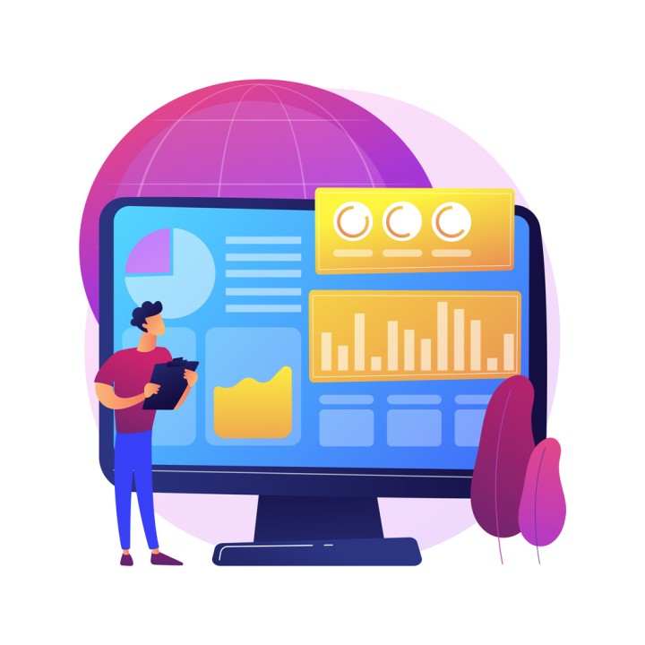 Cartoon of man looking at graphs and statistics on computer screen